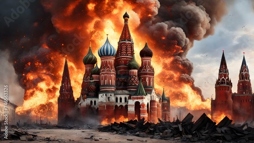 Kremlin on fire, ruins, fire and smoke