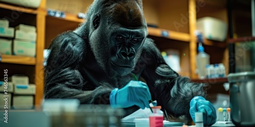 Controlled environment of laboratory, a powerful gorilla serves as the subject of a scientific experiment, face and capturing attention of researchers