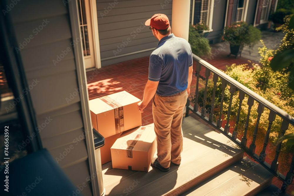 Package from the postman at the front door of the house. The postman leaves the parcel in cardboard boxes at the doorstep of the house Package from the postman at the front door of the house. The postman leaves the parcel in cardboard boxes at the doorstep of the house