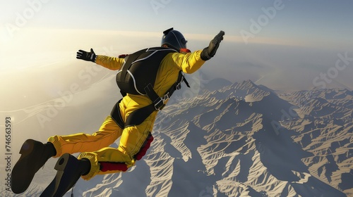 Skydiver falls through the air. Gravity's embrace, a thrilling descent.