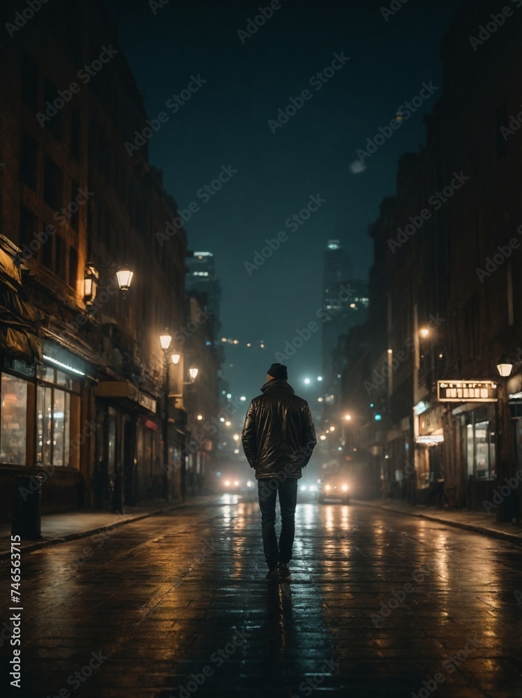 Man Walking Down Street at Night in Urban Area. Generative AI.