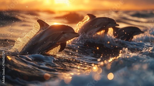 Vast expanse of Pacific Ocean pod of bottlenose dolphins leaps gracefully through the clear blue waters, their sleek bodies slicing through the waves with effortless grace © Thares2020
