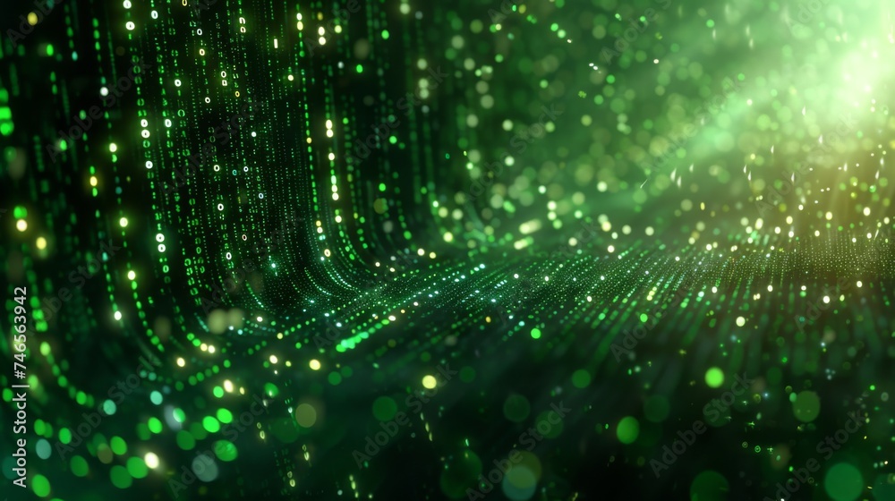 Futuristic abstract representation of digital data streaming in vibrant green on a dark background.