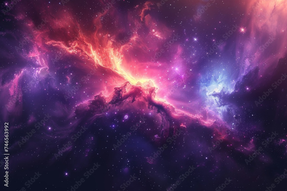 A breathtaking cosmic nebula painting, showcasing a mesmerizing interplay of pink and blue colors among the stars. - obrazy, fototapety, plakaty 