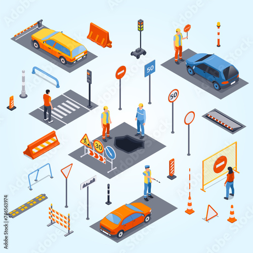 traffic road barriers set with fence bump symbols isometric isolated vector illustration
