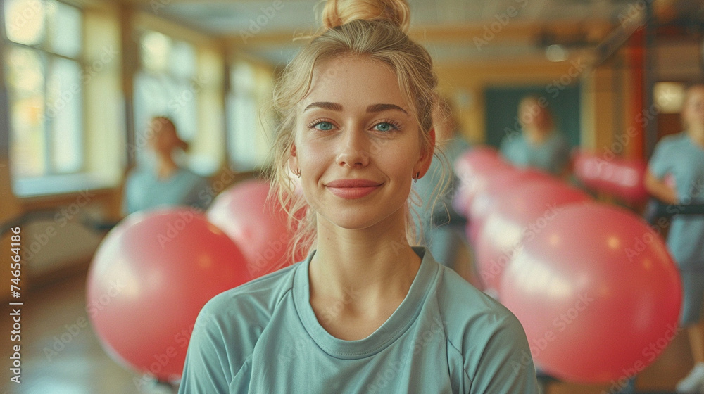 Portrait of a Girl in Fitness Studio with Exercise Balls in the Background Portrait of a Girl in Fitness Studio with Exercise Balls in the Background
