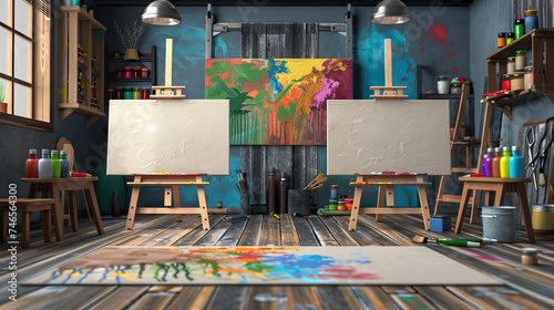 Modern Art Studio Set with Easels, Paints, and Canvases. Concept of Creative Expression and Artistic Inspiration © Lila Patel
