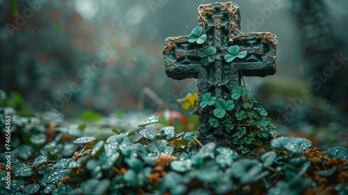 St. Patrick's Day Symbolism: Celtic Cross with Shamrocks photo