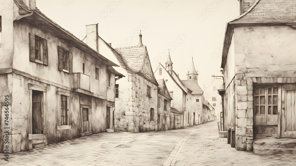 Vivid HB Pencil Sketch Illustrating Old Town Street with Traditional Architecture