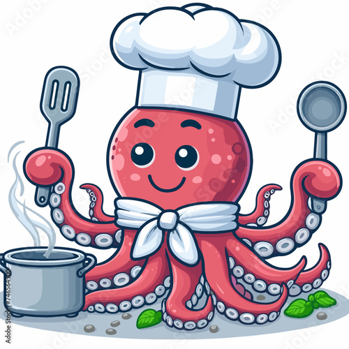 octopus character making soup with chef cap logo