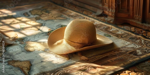 Straw Hat on Map. Travel Concept. Fashion Accessory for Sun Protection, Vacation Style. Brown Cap on Vintage Background, Traditional Rural Tourism