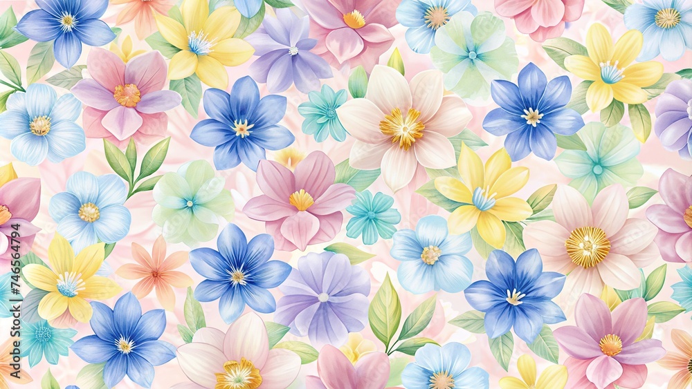 Beautiful Spring Flowers in Pastel Pink, Blue, Yellow, and White