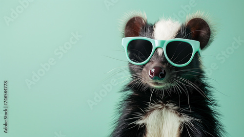 A charismatic skunk dons trendy teal sunglasses, presenting a playful and stylish vibe against a mint green background.