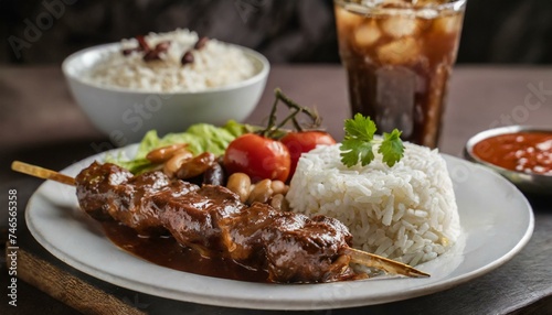 Churrasquinho. Comida brasileira. Espetinho de carne bovina com arroz branco cozido e salada. photo