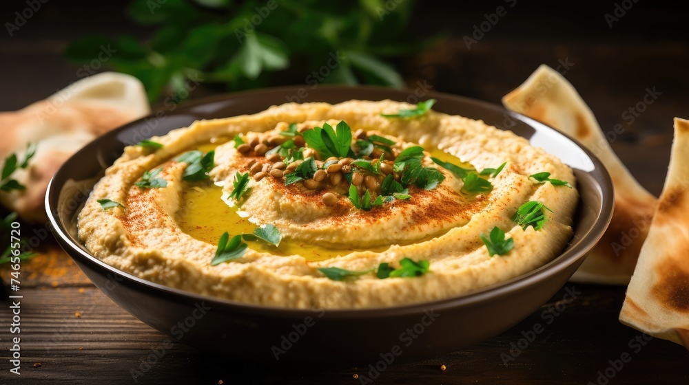 Traditional Hummus Served in a Bowl Garnished With Parsley and Paprika