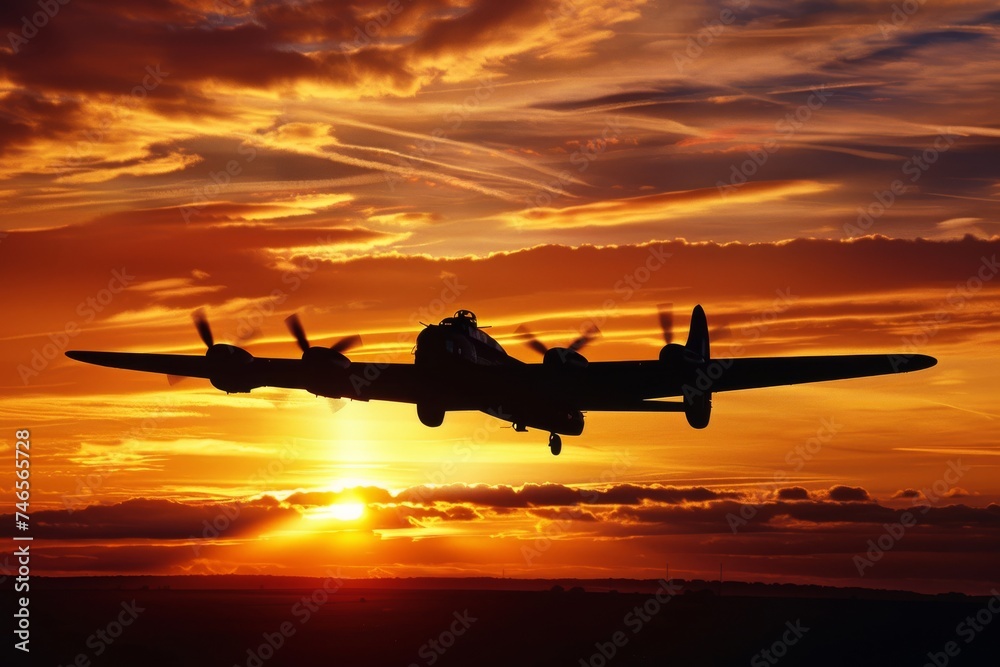 The bold silhouette of a bomber aircraft against a stunning sunset backdrop The bold silhouette of a bomber aircraft against a stunning sunset backdrop