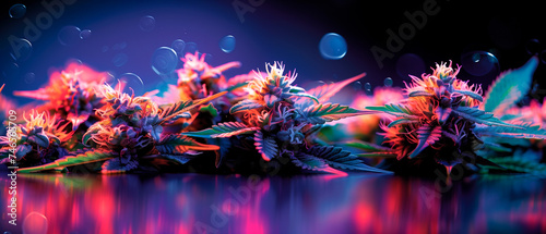 Neon vibrant colorful cannabis buds and plants, purple and pink colors photo