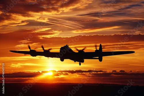 The bold silhouette of a bomber aircraft against a stunning sunset backdrop