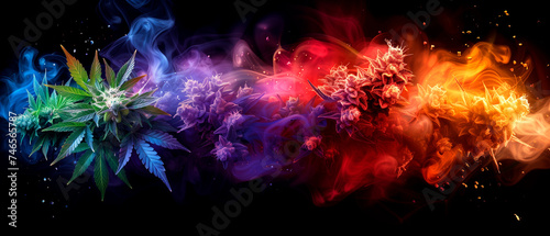 Colorful background with smoke and beautiful cannabis buds photo