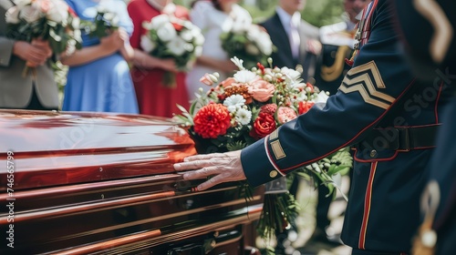 Funeral. A man in military uniform put his hand on the lid of the coffin as a sign of farewell to his brother in arms. A farewell between brothers, hand on the casket.