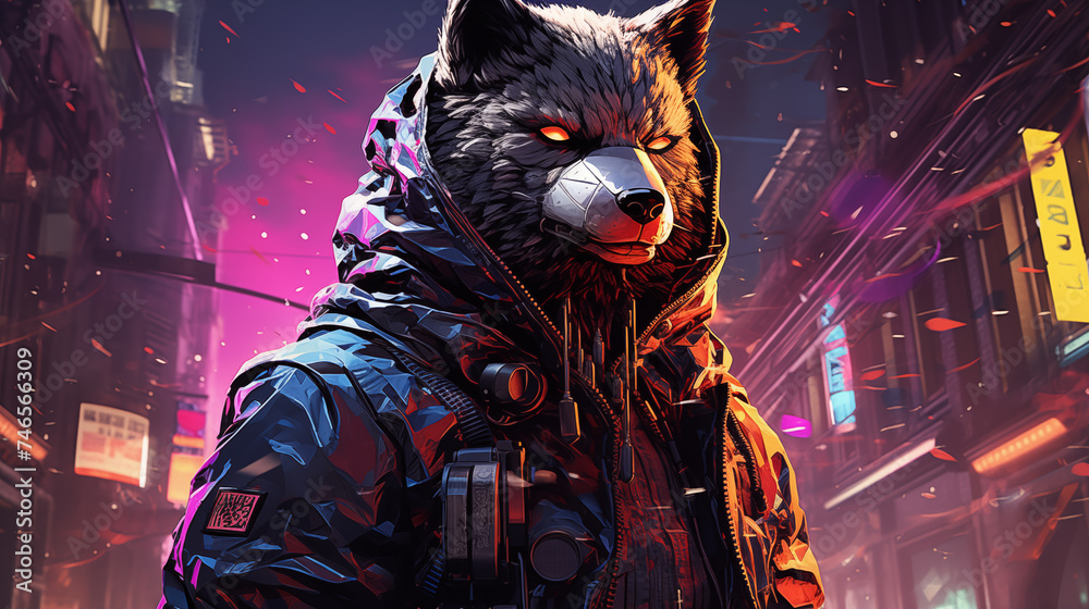 Cybernetic Wolf Wanderer in Neon Metropolis
