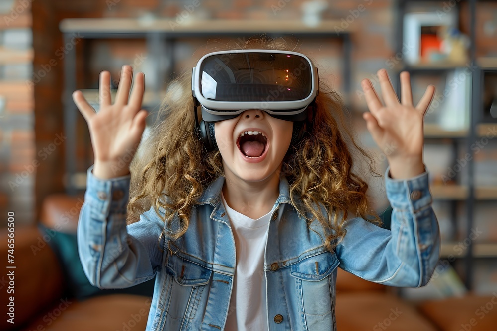 A Girl Having Fun with Virtual Reality at Home in Post-70s Style A Girl Having Fun with Virtual Reality at Home in Post-70s Style