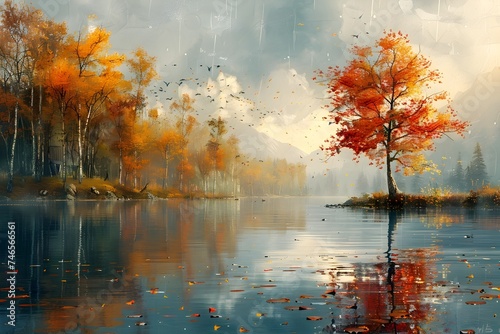 Autumn Landscape Wallpaper with Calm Waters and Birds