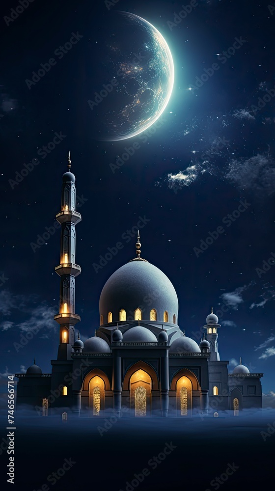 a night scene with a mosque and a crescent moon in the sky with stars and clouds in the background with generative ai