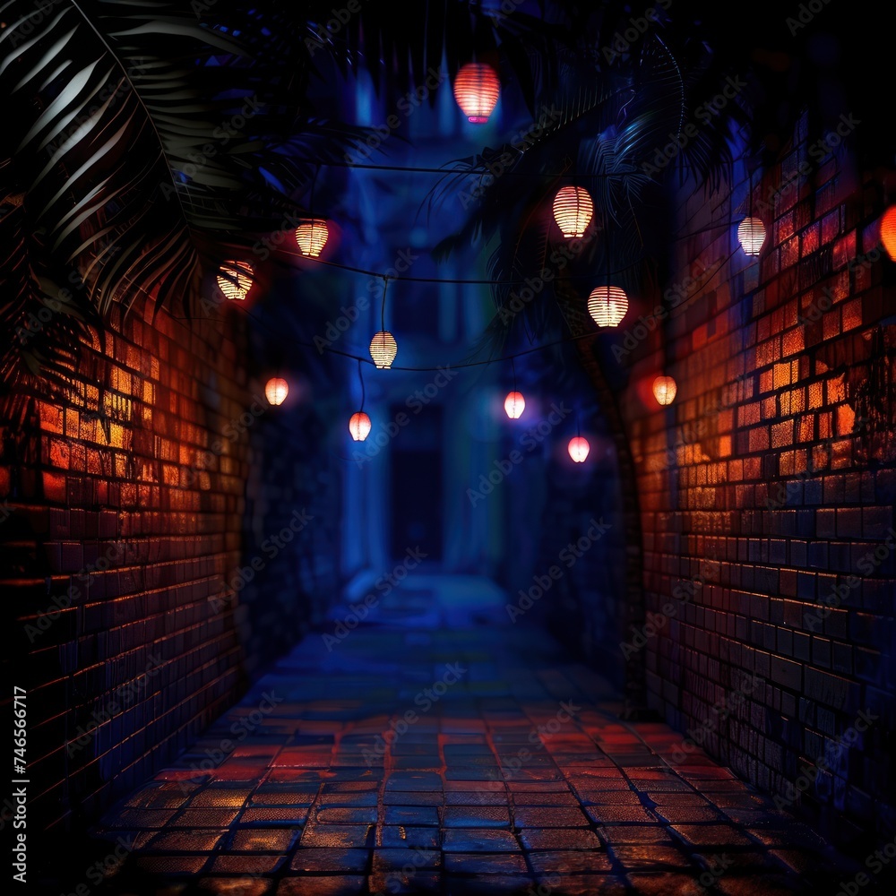 Dark street old brick wall decorated with night Dark street old brick wall decorated with night