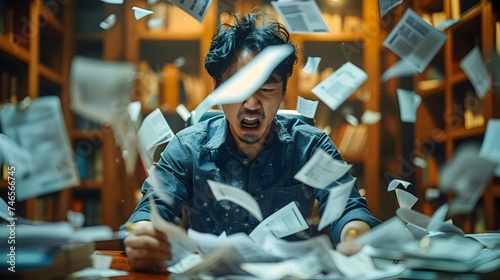 Frantic Office Worker Amidst Chaos of Paperwork