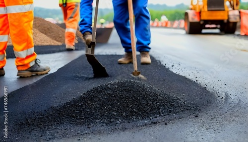 Road construction workers' teamwork, tarmac laying works at a road construction site, hot asphalt gravel leveled by workers, and road surface repair created with generative ai photo