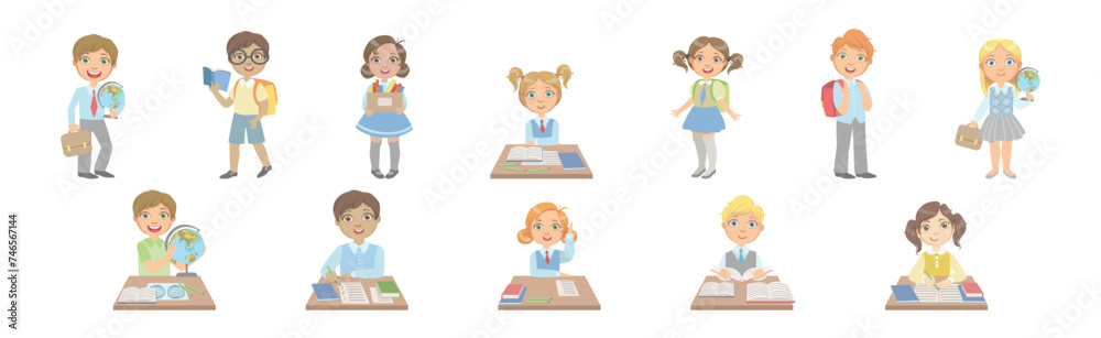 Happy Kids at School Lesson Enjoy Primary Education Vector Set Happy Kids at School Lesson Enjoy Primary Education Vector Set