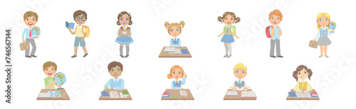 Happy Kids at School Lesson Enjoy Primary Education Vector Set