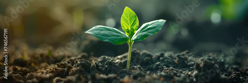Young plant sprouting from soil with sunlight filtering through