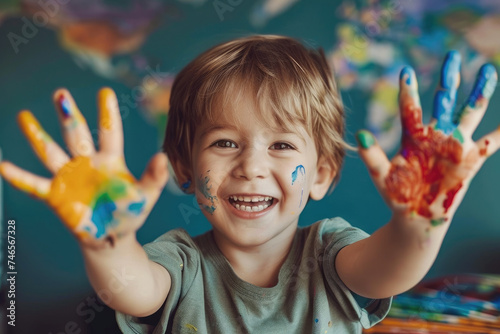 Close up of little child showing paint on his hands after painting, education concept