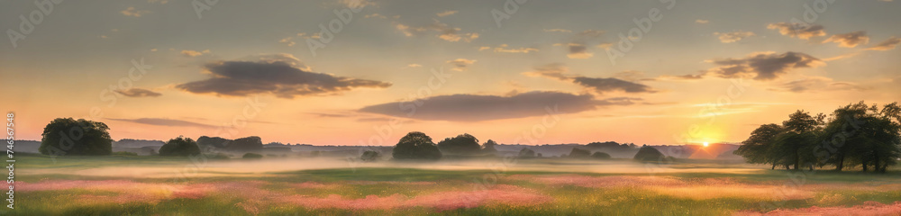 Peacefulness of a countryside meadow bathed in the soft light of dawn