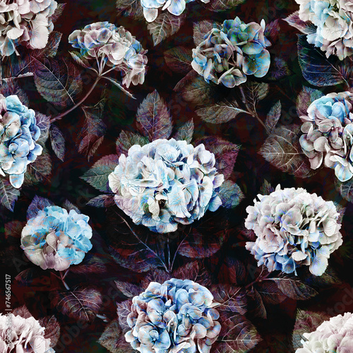 Vintage floral pattern gothic hydrangea flowers watercolor seamless repeating abstract background, hortensia in dark black blue colors