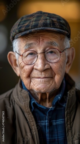 portrait that speaks volumes of a life well-lived, an elderly man stands before us, his face etched with the lines of wisdom and experience