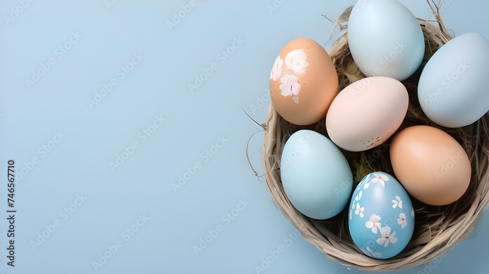 Easter Eggs In A Nest On A Blue Backround.Generative AI