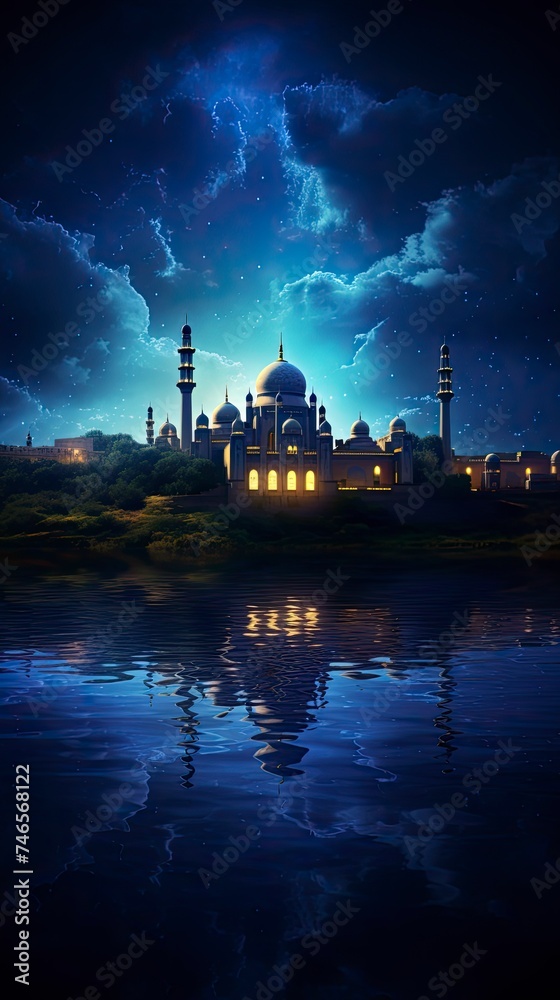 a night scene with a mosque and a crescent moon in the sky with stars and clouds in the background with generative ai