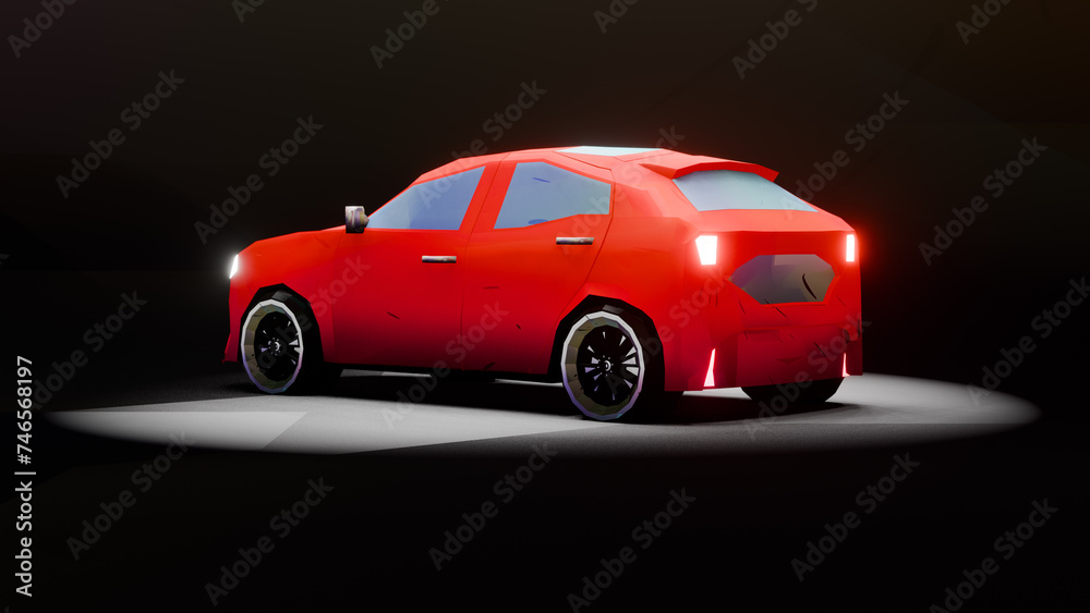 illustration 3d render low poly shade of sedan car on black background