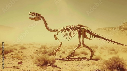 a dinosaur squeleton in the dusty desert