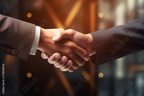 Business partnership meeting. Picture businessmans handshake. Successful businessmen handshaking after good deal. Horizontal, in office blurred background