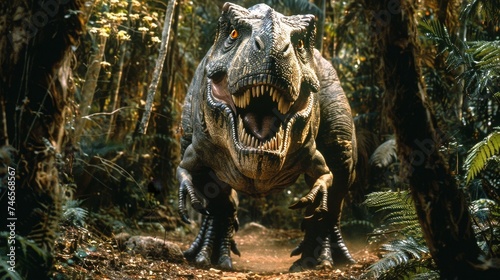 a tyrannosaurus rex roaring in a jurassic forest