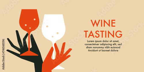 Wine tasting layout template. Two hands holding champagne, sparkling wine glass. Flat vector illustration for event, wine party, presentation, promotion, menu, invitation. National Wine Day design photo