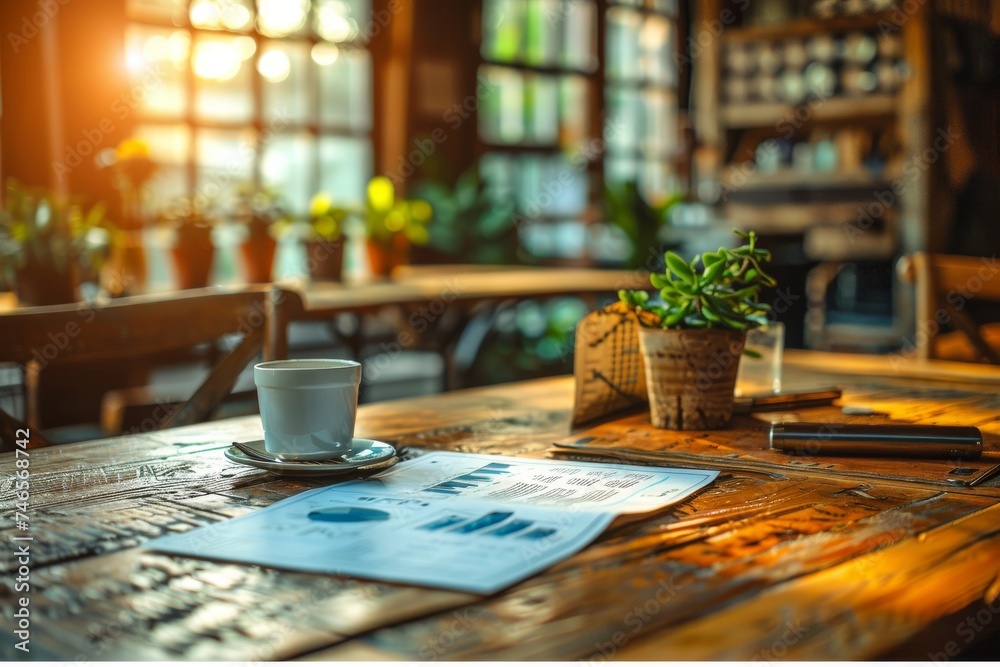 Warm-toned café setting with a coffee cup and business reports on a wooden table Warm-toned café setting with a coffee cup and business reports on a wooden table