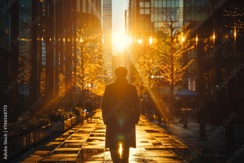 The golden hour casts a magical light on a man's silhouette as he strolls down a city street - obrazy, fototapety, plakaty 