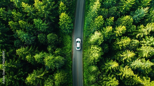 Car on a road in the middle of the forest, journey through natural green forest, view from above
