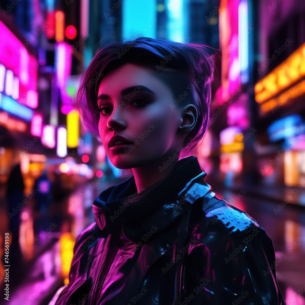 girl portrait against the backdrop of the city and neon lights.