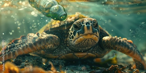 Turtle in Sea. Plastic Bottle Pollution Threatens Wildlife Habitat. Animal Nature and Marine Life in Tropical Waters. Reptile Swimming Among Underwater Coral Reefs